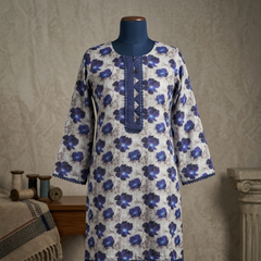 Azure Floral 3-Piece Stitched Summer Lawn Suit – Blue and White Co-ord Set with Lace Detailing