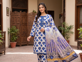 Azure Floral 3-Piece Stitched Summer Lawn Suit – Blue and White Co-ord Set with Lace Detailing