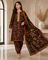 Midnight Flora 3-Piece Printed Lawn Suit – Black and Burnt Orange Co-ord Set with Dupatta