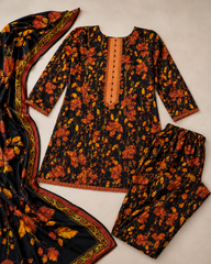 Midnight Flora 3-Piece Printed Lawn Suit – Black and Burnt Orange Co-ord Set with Dupatta
