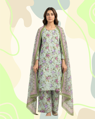 Pistachio and Mauve Floral 3-Piece Stitched Lawn Suit with Embroidered Front, Tassels, Matching Printed Trousers and Chiffon Dupatta