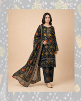 Premium Black Bandhani ( chunnari ) Printed Lawn 3-Piece Suite – Embroidered Neckline with Tassels – Ready-to-Wear Summer Collection