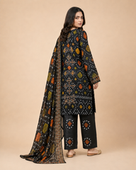 Premium Black Bandhani ( chunnari ) Printed Lawn 3-Piece Suite – Embroidered Neckline with Tassels – Ready-to-Wear Summer Collection