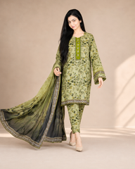 Sage - Serenity -3-Piece- Botanical- Printed- Lawn- Suit- Co-ord- Set- with- Lace- Detailing
