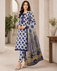 Azure Floral 3-Piece Stitched Summer Lawn Suit – Blue and White Co-ord Set with Lace Detailing