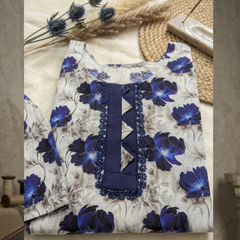 Azure Floral 3-Piece Stitched Summer Lawn Suit – Blue and White Co-ord Set with Lace Detailing