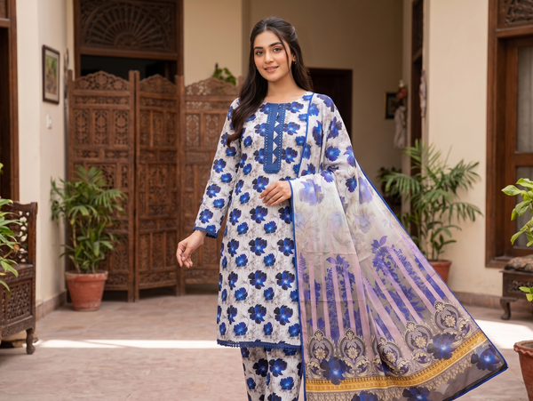 Azure Floral 3-Piece Stitched Summer Lawn Suit – Blue and White Co-ord Set with Lace Detailing