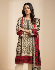 Beige and Red Floral Printed 3-Piece Lawn Suit – Embroidered Front with Tassels | Ready-to-Wear Summer Collection
