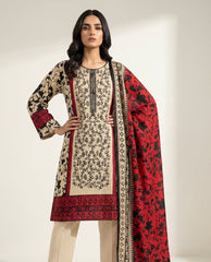 Beige and Red Floral Printed 3-Piece Lawn Suit – Embroidered Front with Tassels | Ready-to-Wear Summer Collection