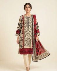 Beige and Red Floral Printed 3-Piece Lawn Suit – Embroidered Front with Tassels | Ready-to-Wear Summer Collection