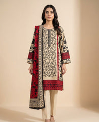 Beige and Red Floral Printed 3-Piece Lawn Suit – Embroidered Front with Tassels | Ready-to-Wear Summer Collection