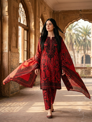 Bold Crimson & Onyx Embroidered 3-Piece Printed Lawn Suit – Ready-to-Wear Summer Collection