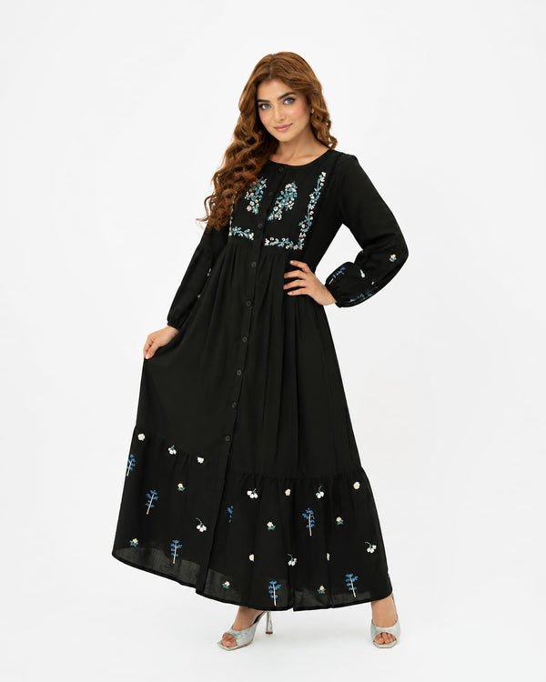 Luxury Black Embroidered Lawn Maxi – Premium Pintuck Detailed Modest Summer Dress | Ready-to-Wear