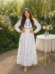 Luxury White Embroidered Lawn Maxi – Premium Pintuck Detailed Modest Summer Dress | Ready-to-Wear