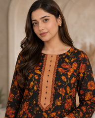Midnight Flora 3-Piece Printed Lawn Suit – Black and Burnt Orange Co-ord Set with Dupatta