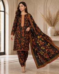 Midnight Flora 3-Piece Printed Lawn Suit – Black and Burnt Orange Co-ord Set with Dupatta