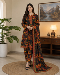 Midnight Flora 3-Piece Printed Lawn Suit – Black and Burnt Orange Co-ord Set with Dupatta