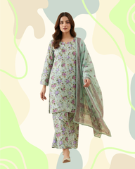Pistachio and Mauve Floral 3-Piece Stitched Lawn Suit with Embroidered Front, Tassels, Matching Printed Trousers and Chiffon Dupatta
