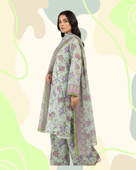 Pistachio and Mauve Floral 3-Piece Stitched Lawn Suit with Embroidered Front, Tassels, Matching Printed Trousers and Chiffon Dupatta
