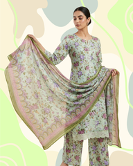 Pistachio and Mauve Floral 3-Piece Stitched Lawn Suit with Embroidered Front, Tassels, Matching Printed Trousers and Chiffon Dupatta