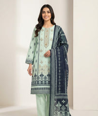Premium Pistachio Green 3-Piece Ready-to-Wear Lawn Suit for Women – Light Embroidered Shirt with Tassels, Plain Trouser and Printed Lawn Dupatta | Summer Collection