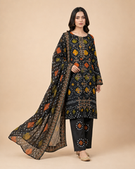 Premium Black Bandhani ( chunnari ) Printed Lawn 3-Piece Suite – Embroidered Neckline with Tassels – Ready-to-Wear Summer Collection